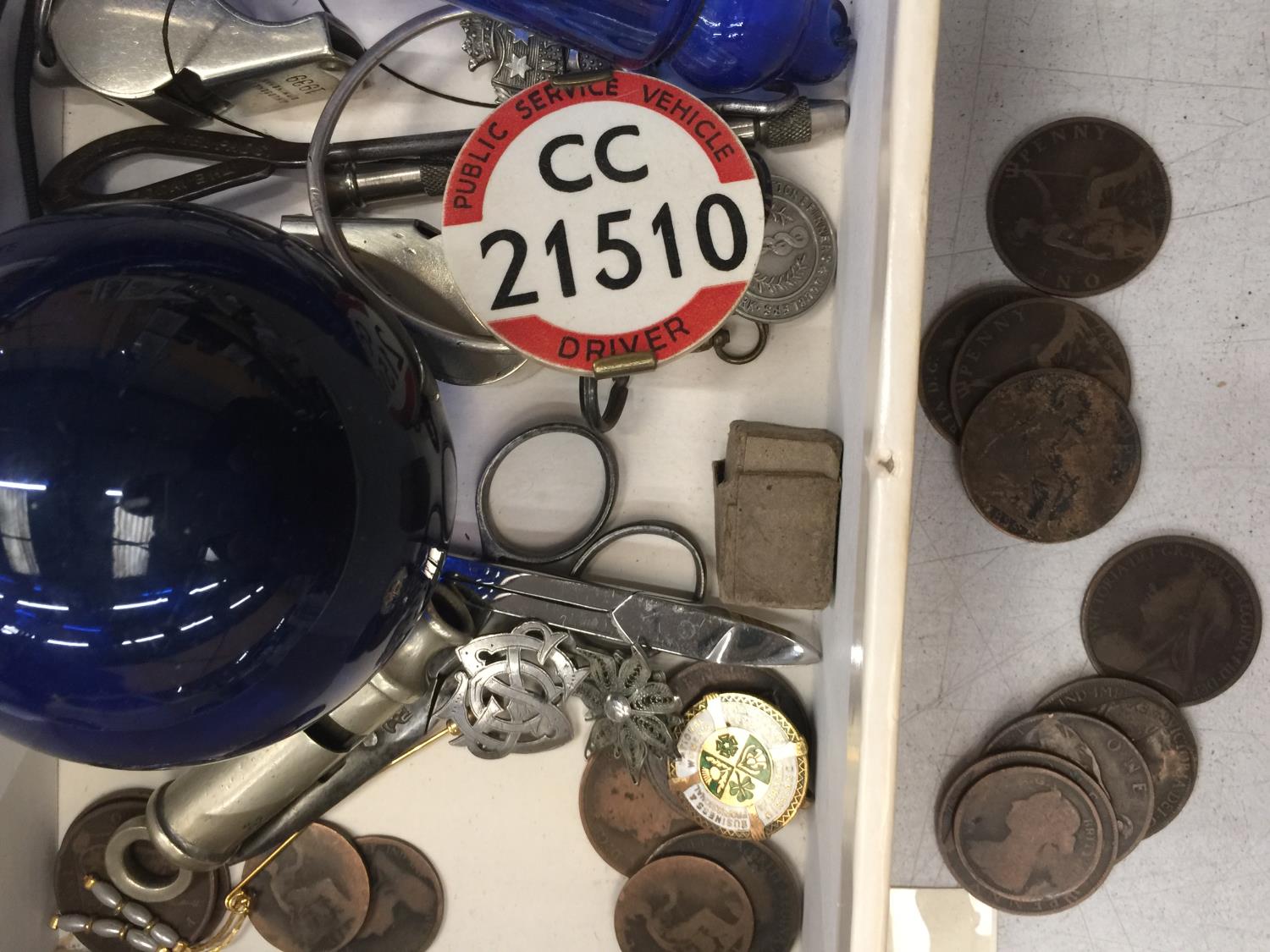 SIX SMALL ENAMELLED LOZENGES, TWO SILVER BADGES, A QUANTITY OF PRE-DECIMAL PENNIES, BADGES, - Image 2 of 3