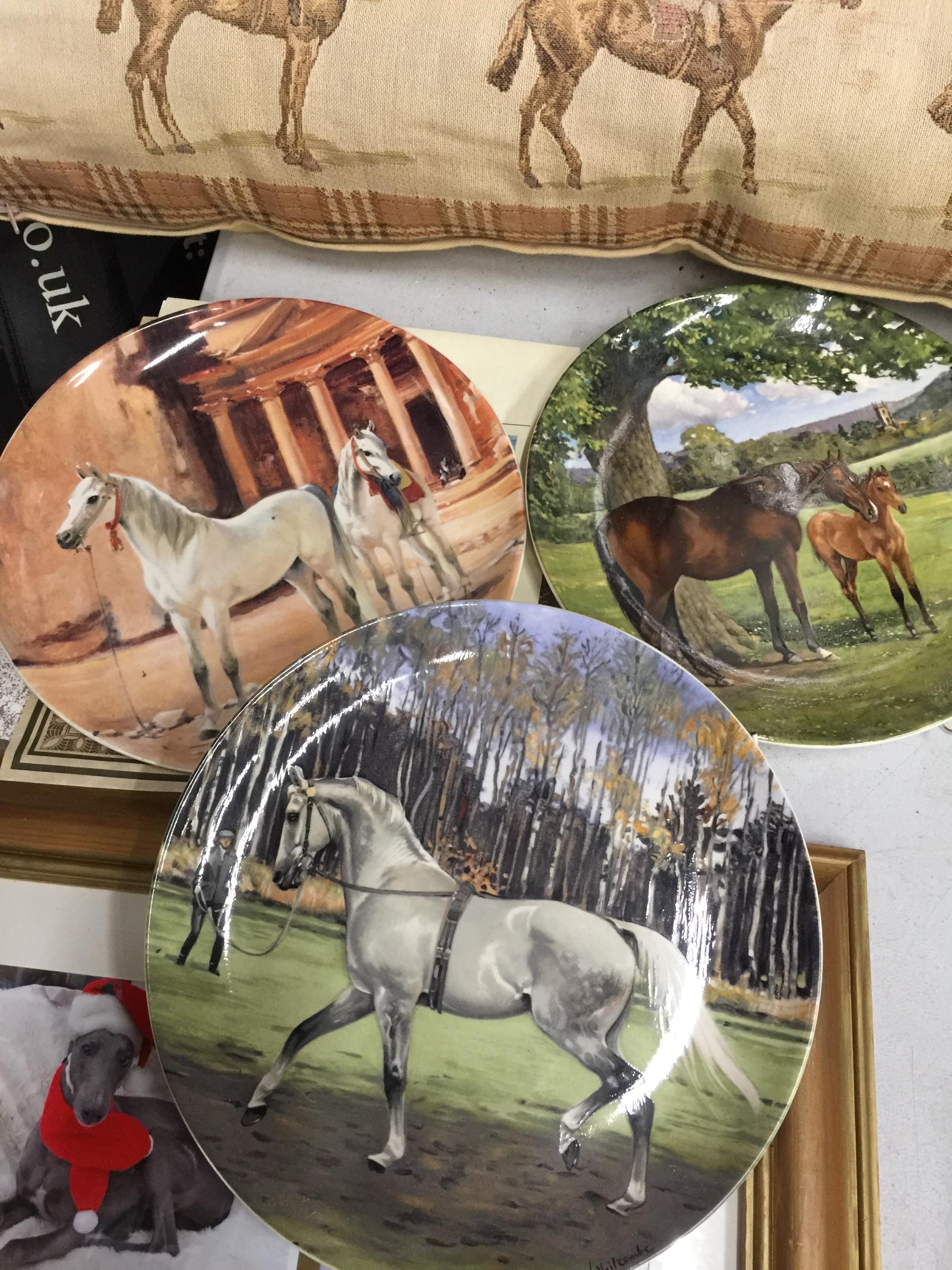 A MIXED LOT TO INCLUDE HORSE RACING CUSHION, PLATES, FRAMED DOG PICTURE ETC - Image 2 of 3