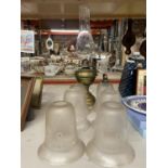 SIX SMALL VINTAGE FROSTED GLASS LAMP SHADES PLUS A VINTAGE BRASS OIL LAMP
