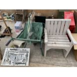 AN ASSORTMENT OF GARDEN ITEMS AND TOOLS TO INCLUDE A WOODEN CHAIR, SPANNERS AND SOCKETS ETC