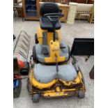 A STIGA RIDE ON LAWN MOWER WITH FRONT DECK AND KEY IN THE OFFICE