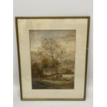 A LATE 19TH CENTURY WATERCOLOUR OF TWO HORSES IN A WOODLAND INDISTINCTLY SIGNED, 37CM X 26CM, FRAMED