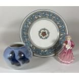 THREE ITEMS - WEDGWOOD BLUE FLORENTINE VINTAGE PLATE, ROYAL COPENHAGEN BUTTERFLY VASE AND ROYAL