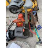AN ASSORTMENT OF TOOLS TO INCLUDE GARDEN SHEAERS, AN ELECTRIC FLYMO LAWN MOWER AND HAND SAWS ETC