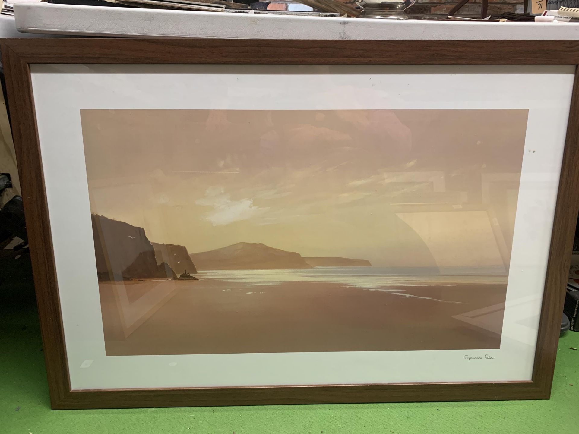 A GROUP OF FOUR MODERN FRAMED PRINTS TO INCLUDE A PAIR OF SUNSET BEACH SCENE EXAMPLES, SPENCER SEE - Image 2 of 4