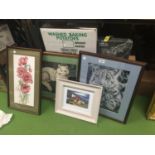 THREE FRAMED TAPESTRIES, A CAT, TIGER AND FLOWERS PLUS A HUMOROUS PRINT OF PUFFINS