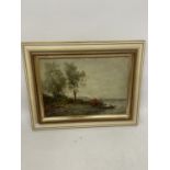 CONTINENTAL SCHOOL (19TH CENTURY) MAN AND A BOAT, OIL ON PANEL, INDISTINCTLY SIGNED, 27CM X 39CM,