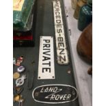 THREE VINTAGE SIGNS, MERCEDES-NENZ, PRIVATE AND LAND ROVER