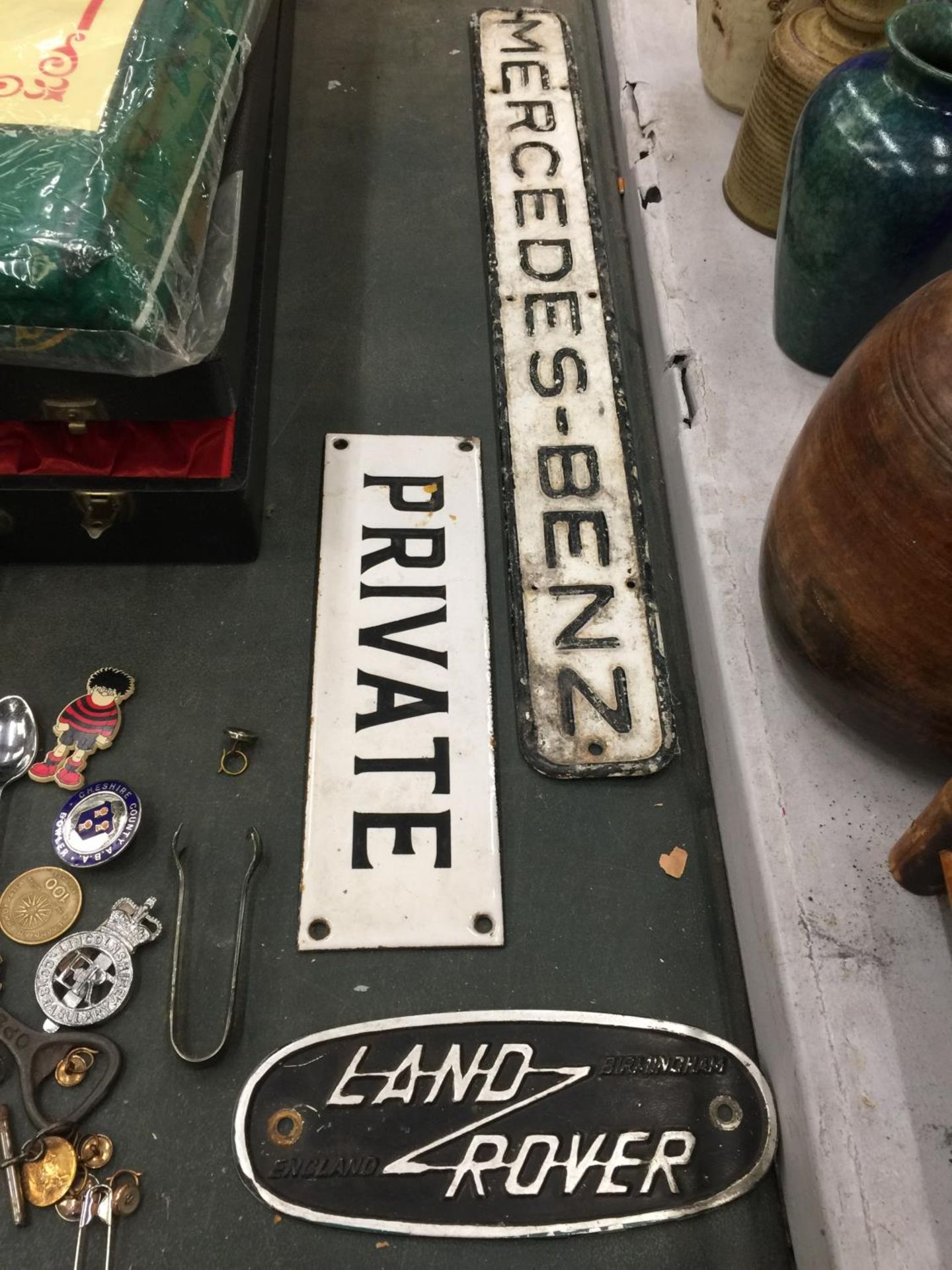 THREE VINTAGE SIGNS, MERCEDES-NENZ, PRIVATE AND LAND ROVER