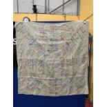 A LARGE VINTAGE CLOTH WITH SIGNATURES AND EMBROIDERED NAMES INCLUDING MARGARET THATCHER