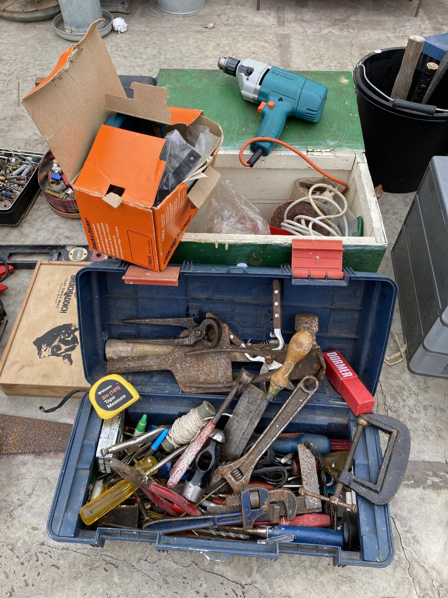 TWO TOOL BOXES CONTAINING VARIOUS TOOLS TO INCLUDE STILSENS, PLIERS AND A HAMMER ETC