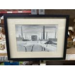 A LOWRY STYLE FRAMED OIL ON BOARD OF A FACTORY SCENE