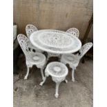 A VINTAGE STYLE CAST ALLOY PATIO SET COMPRISING OF A ROUND TABLE, FOUR CHAIRS AND A STOOL