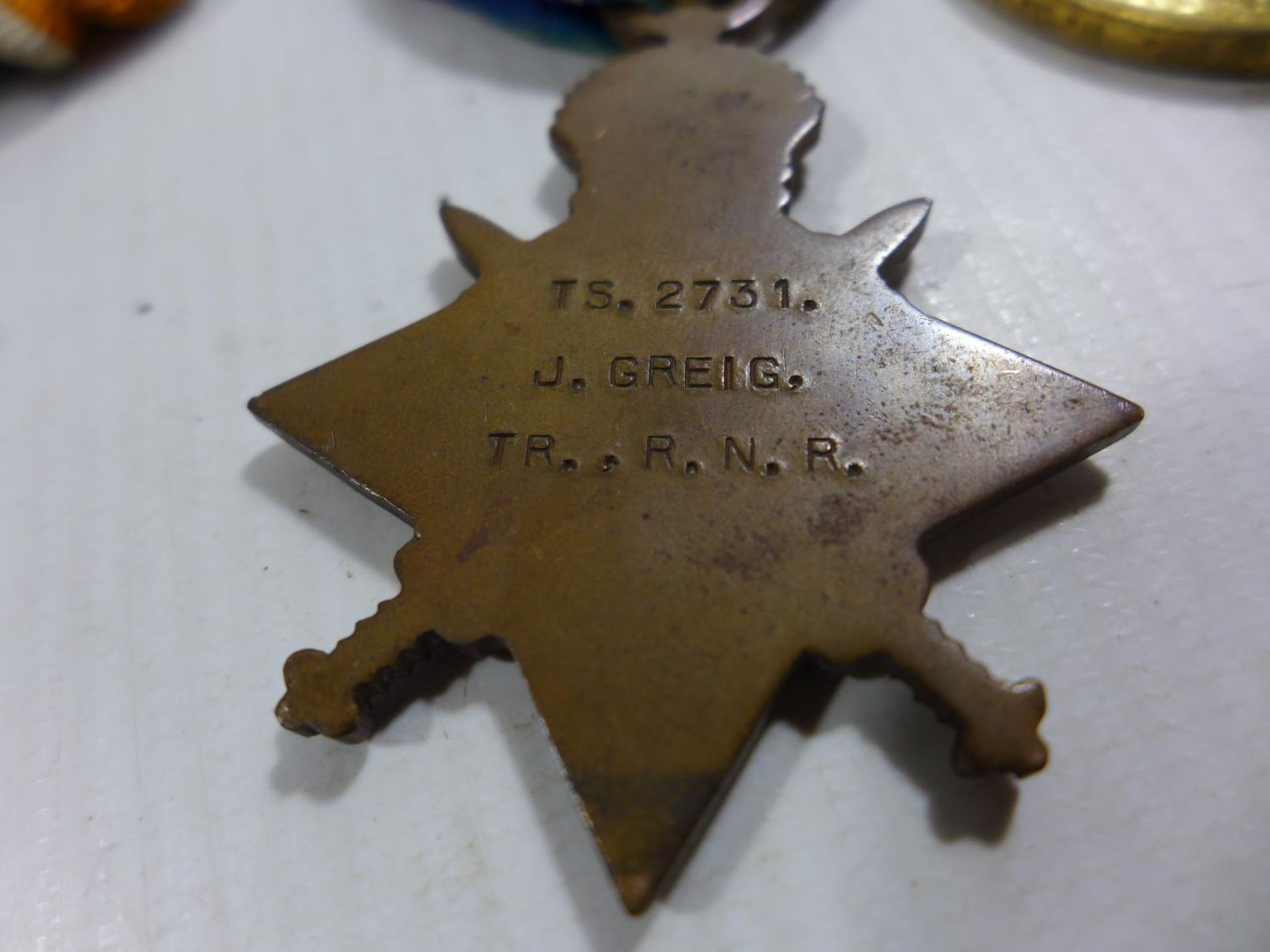 A WORLD WAR I 1914-15 STAR AWARDED TO TS.2731 J.GREIG TR ROYAL NAVY RESERVE, THREE WAR FOR - Image 2 of 3