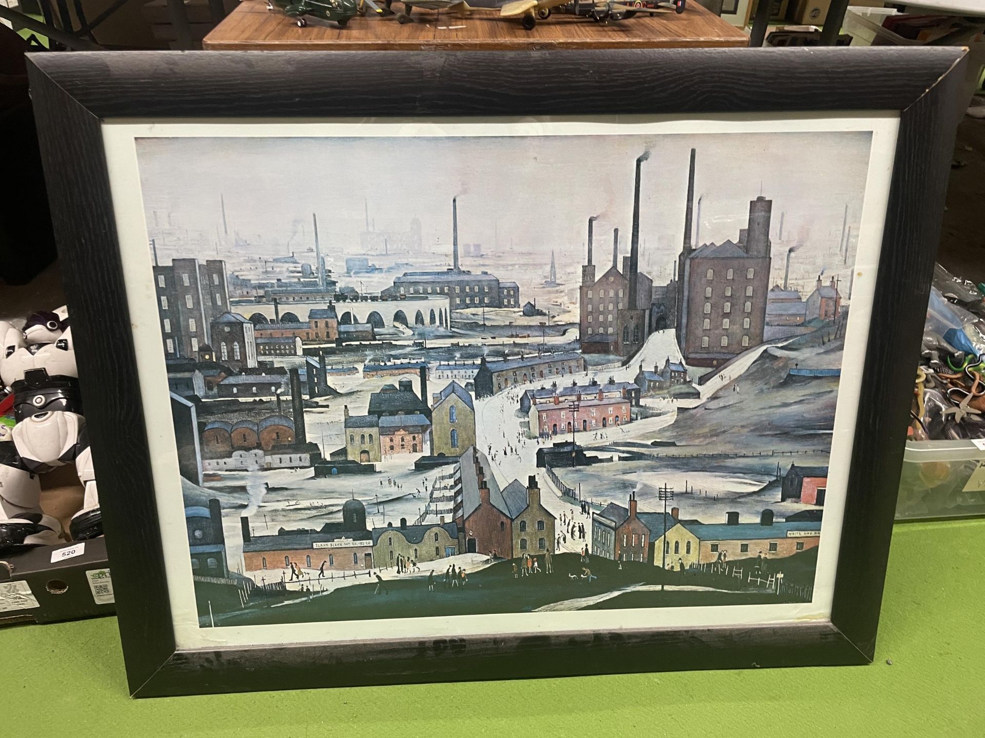 A LARGE L S LOWRY PRINT 'INDUSTRIAL LANDSCAPE', FRAMED, 92CM X 72CM