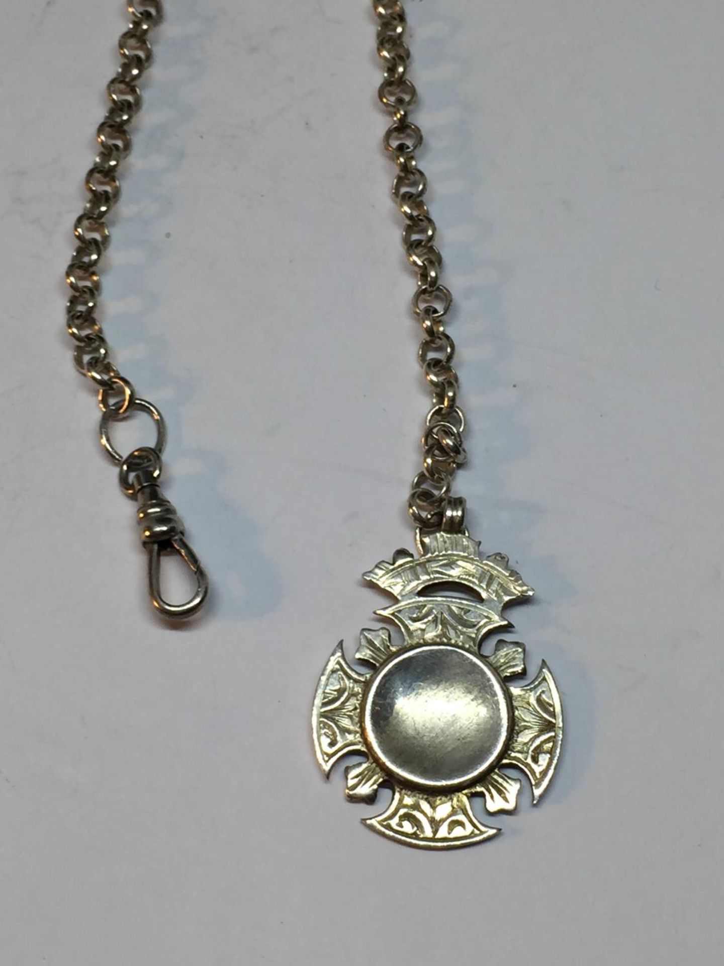 A SILVER DOUBLE ALBERT WATCH CHAIN WITH TWO FOBS - Image 3 of 5