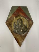 A VINTAGE BRASS AND MARBLE RELIGIOUS ICON
