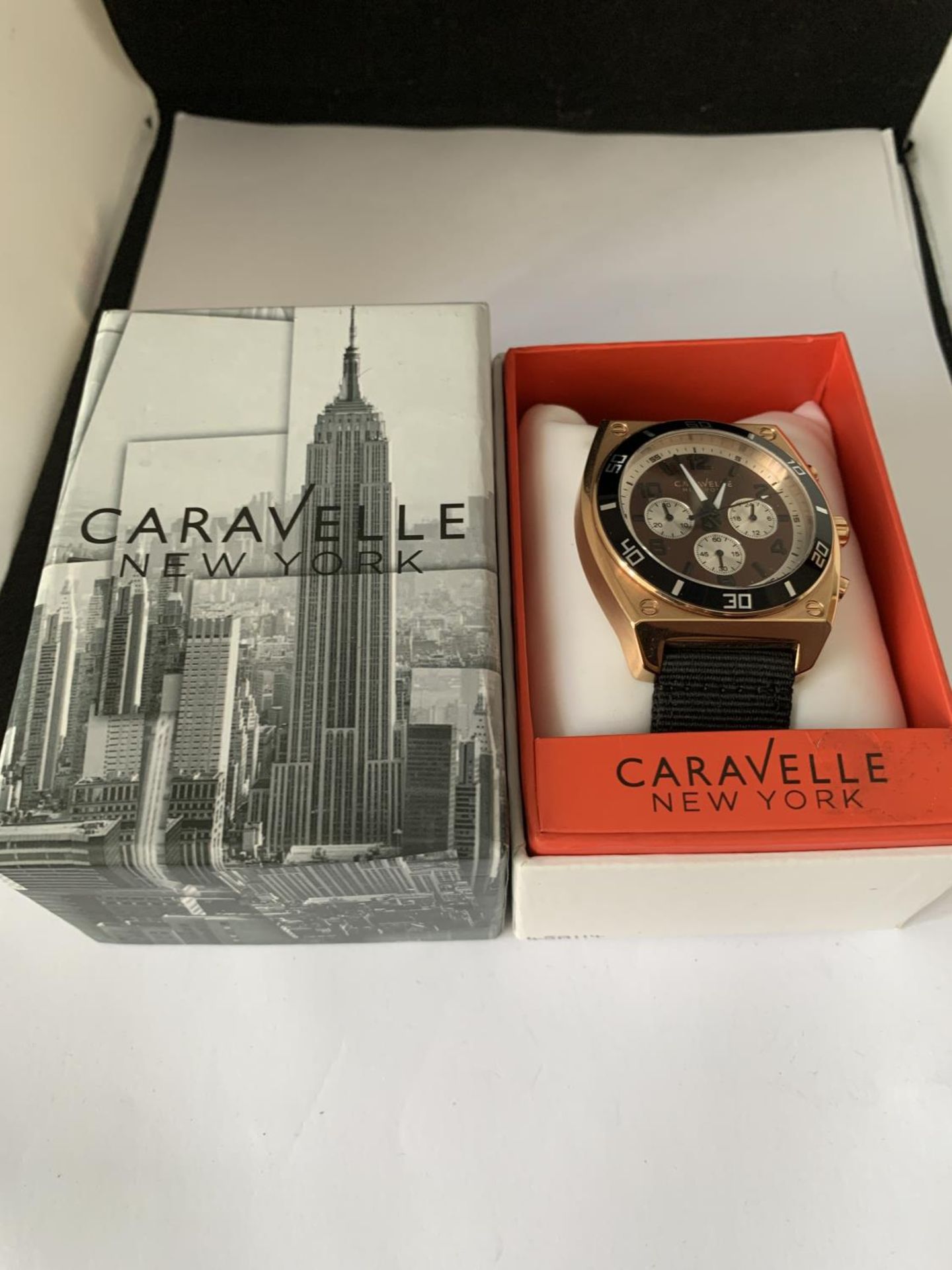 AN AS NEW AND BOXED CARAVELLE NEW YORK CHRONOGRAPH WRIST WATCH SEEN WORKING BUT NO WARRANTY