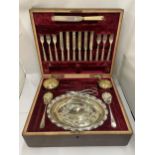A VINTAGE OAK CASED CANTEEN SERVING SET WITH SILVER PLATED DISH, SERVERS AND CUPS AND CUTLERY WITH