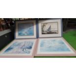 FOUR FRAMED PRINTS TO INCLUDE TWO COASTAL SCENES AND TWO WOODLAND AND LAKE SCENES