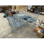 A METAL GARDEN TABLE AND FOUR FOLDING CARVER CHAIRS