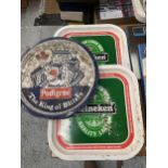 THREE VINTAGE BEER TRAYS TO INCLUDE MARSTON'S PEDIGREE AND HEINEKEN