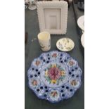 FOUR ITEMS TO INCLUDE A PORTUGUESE POTTERY FLORAL PLATE, PHOTO FRAME ETC