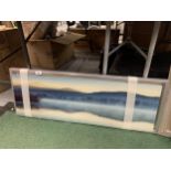 AN ENCAPSULATED GLASS ART LANDSCAPE IN A SILVER COLOURED FRAME 36" X 13"