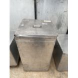 A STAINLESS STEEL GRUNDYBIN WITH LID (70CM x 42CM x 42CM)