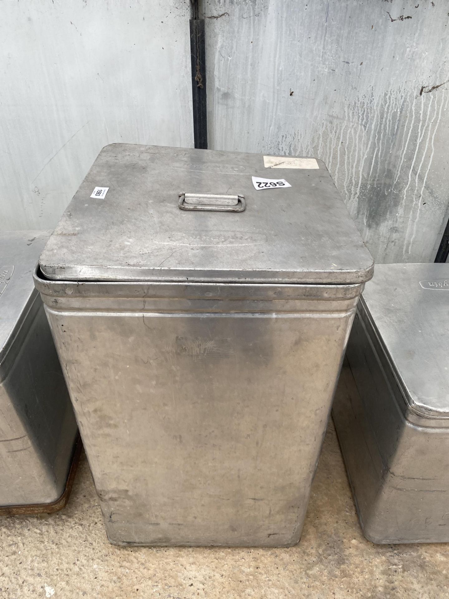 A STAINLESS STEEL GRUNDYBIN WITH LID (70CM x 42CM x 42CM)