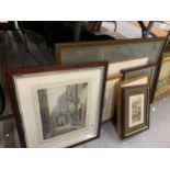 SIX VARIOUS FRAMED PRINTS OF BUILDINGS AND STREETS TO INCLUDE A GELDART LIMITED EDITION, CHRISTMAS