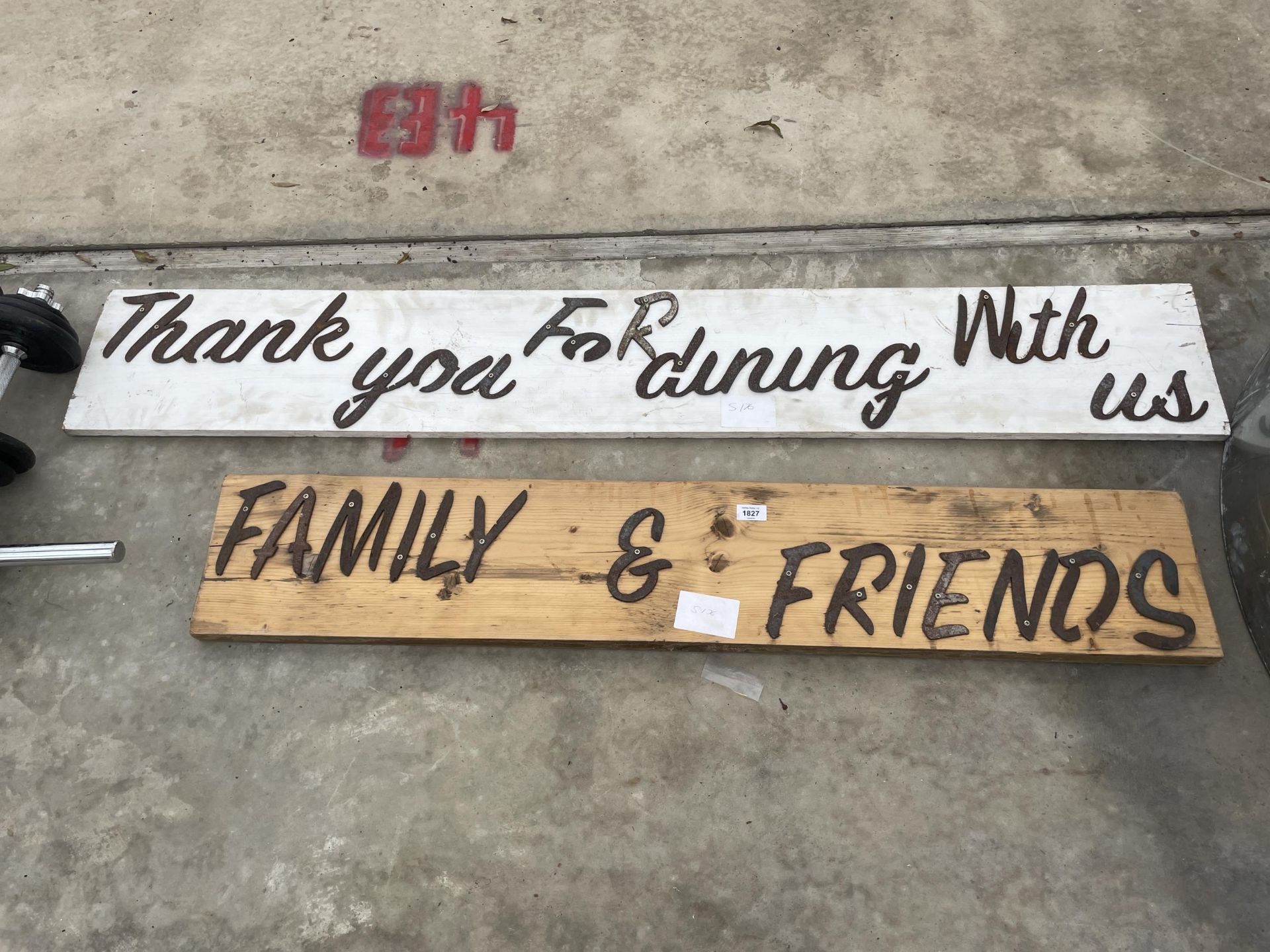 TWO WOODEN DECORATIVE SIGNS 'FAMILY & FRIENDS' AND 'THANK YOU FOR BEING WITH US'