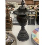 A VINTAGE BLACK METAL CANDLE HOLDER, HEIGHT 36CM