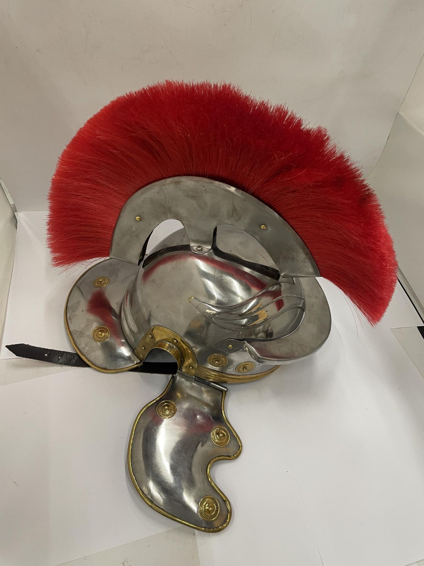 A ROMAN STYLE GLADIATOR HELMET WITH RED PLUME - Image 3 of 4