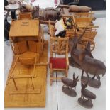 A COLLECTION OF WOODEN WARE ITEMS, DEER FIGURES, SHIRE HORSE AND CART MODEL ETC