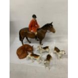 A BESWICK HORSE AND RIDER A/F, FOUR HOUNDS AND A FOX