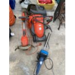 AN ASSORTMENT OF GARDEN POWER TOOLS TO INCLUDE AN ELECTRIC FLYMO MOWER AND STRIMMER ETC