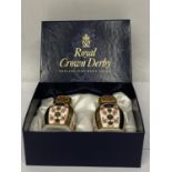 A PAIR OF ROYAL CROWN DERBY OLD IMARI SALT AND PEPPER POTS IN ORIGINAL BOX