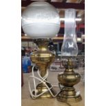 TWO VINTAGE BRASS OIL LAMPS CONVERTED TO ELECTRICITY