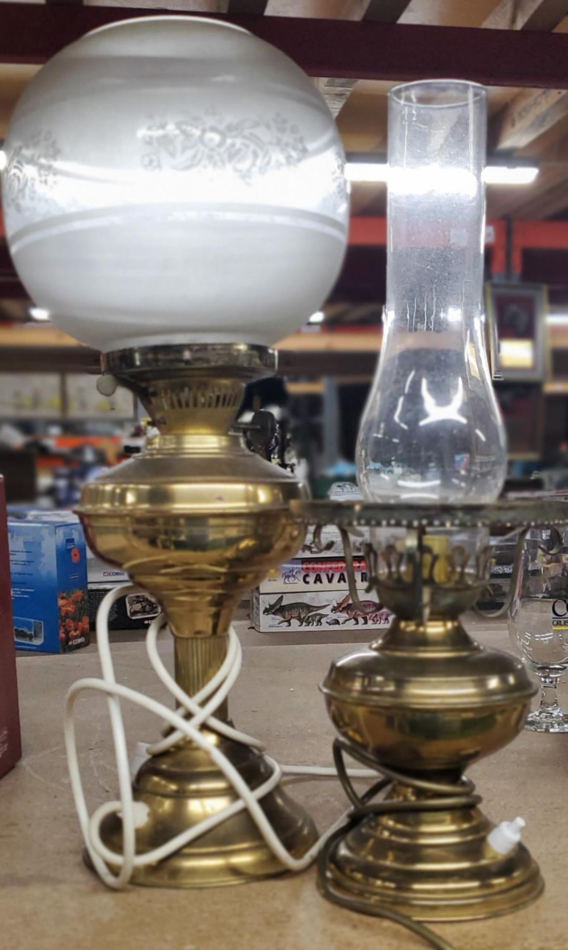 TWO VINTAGE BRASS OIL LAMPS CONVERTED TO ELECTRICITY