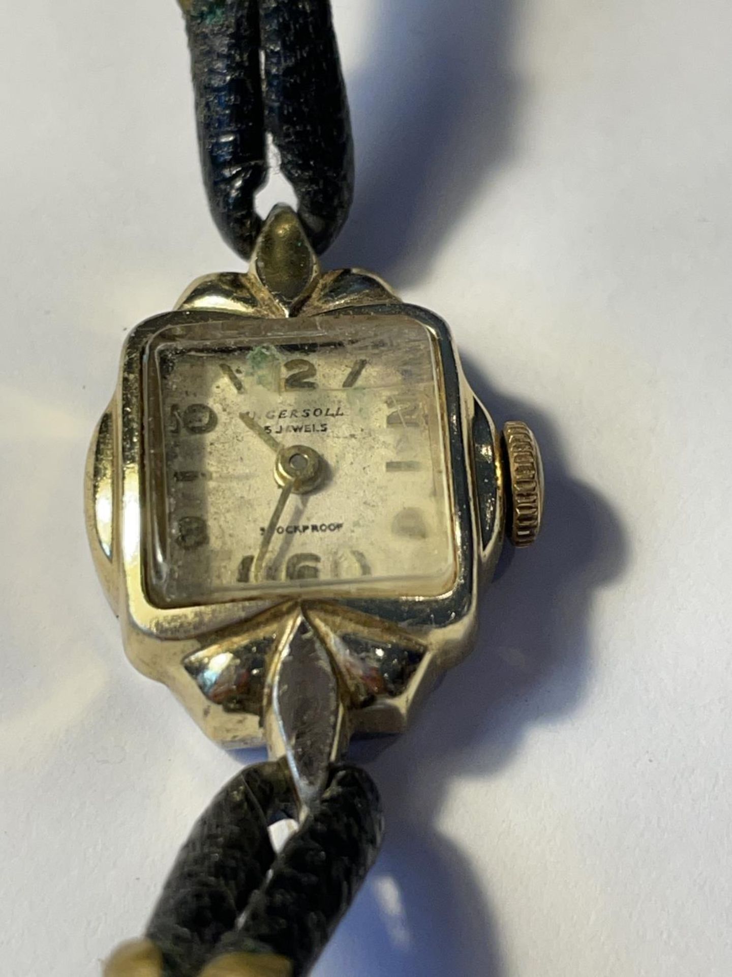 A VINTAGE INGERSOL 15 JEWEL WATCH WITH SQUARE FACE AND LEATHER STRAP - Image 2 of 3