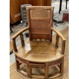 A VINTAGE CHINESE CARVED HARDWOOD CHILD'S ARMCHAIR WITH LOWER DRAWER TO SEAT, HEIGHT 80CM, WIDTH