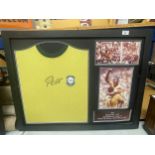 A FRAMED PELE FOOTBALL MONTAGE WITH SIGNED SHIRT, WITH ALL STAR SIGNINGS CERTIFICATE OF AUTHENTICITY