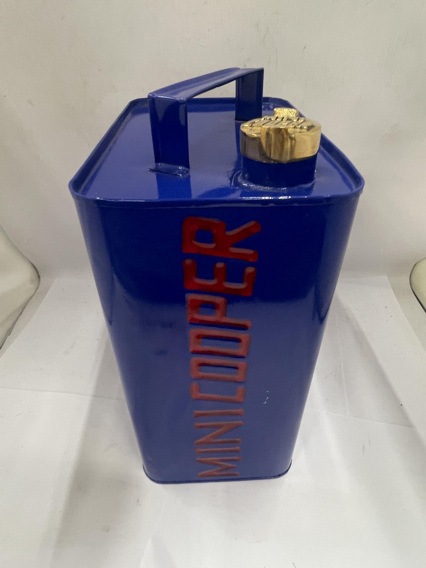 A BLUE MINI COOPER PETROL CAN WITH BRASS TOP - Image 2 of 3