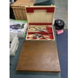 A SET OF VINTAGE KNIVES AND FORKS IN A BOX PLUS AN EMPTY MAHOGANY FLATWARE BOX