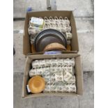 AN ASSORTMENT OF ITEMS TO INCLUDE CERAMIC CUPS AND SAUCERS AND STAINLESS STEEL TRAYS ETC