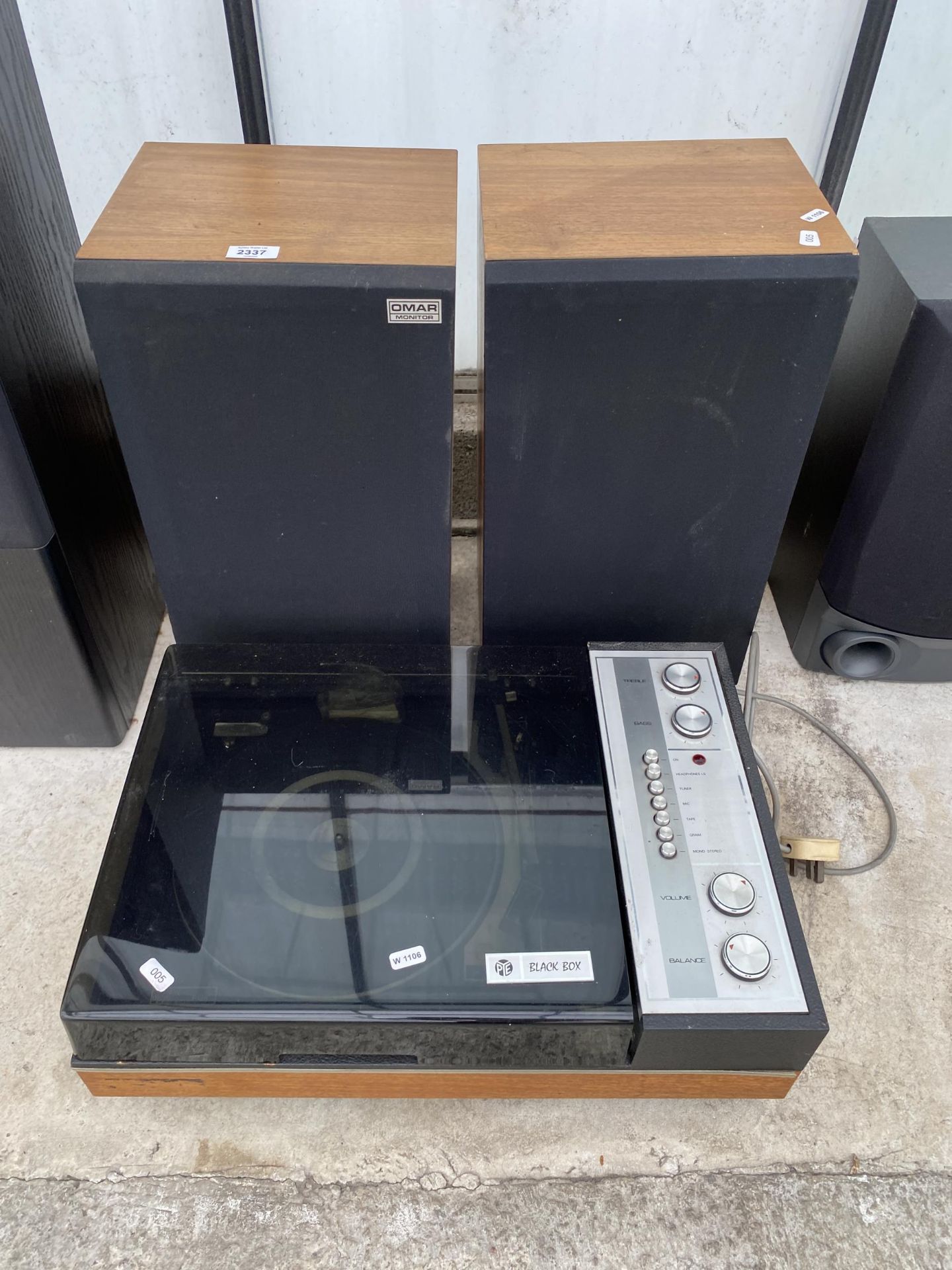 A PYE BLACK BOX BSR128 RECORD PLAYER WITH A PAIR OF OMAR CR252 SPEAKERS