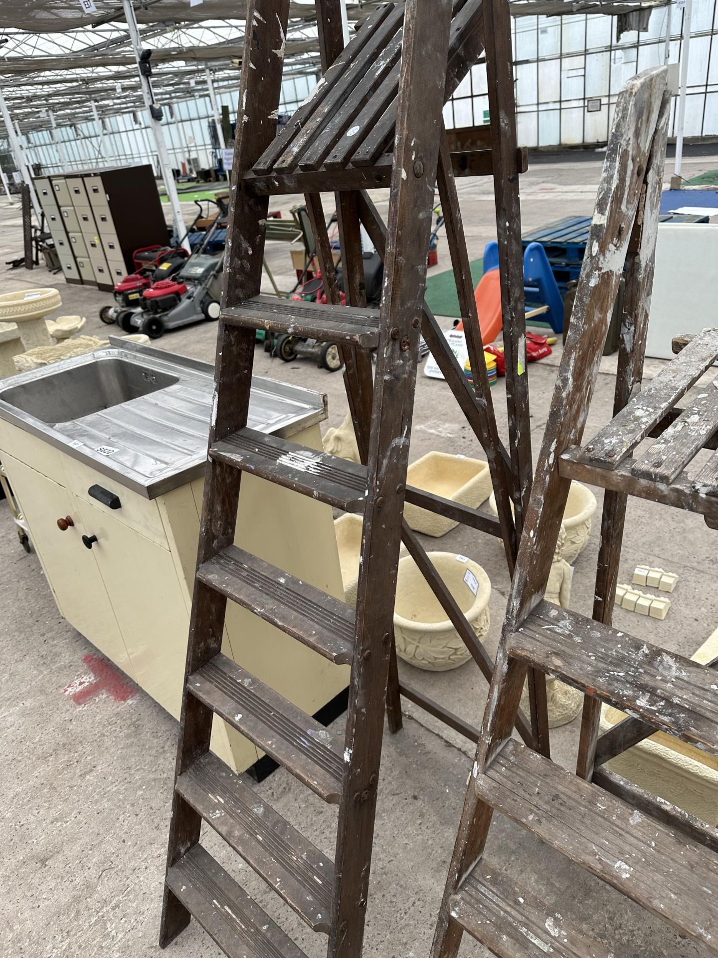 THREE VARIOUS VINTAGE WOODEN STEP LADDERS - Image 4 of 4