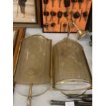 A PAIR OF VINTAGE BRASS AND GLASS WALL LAMPS