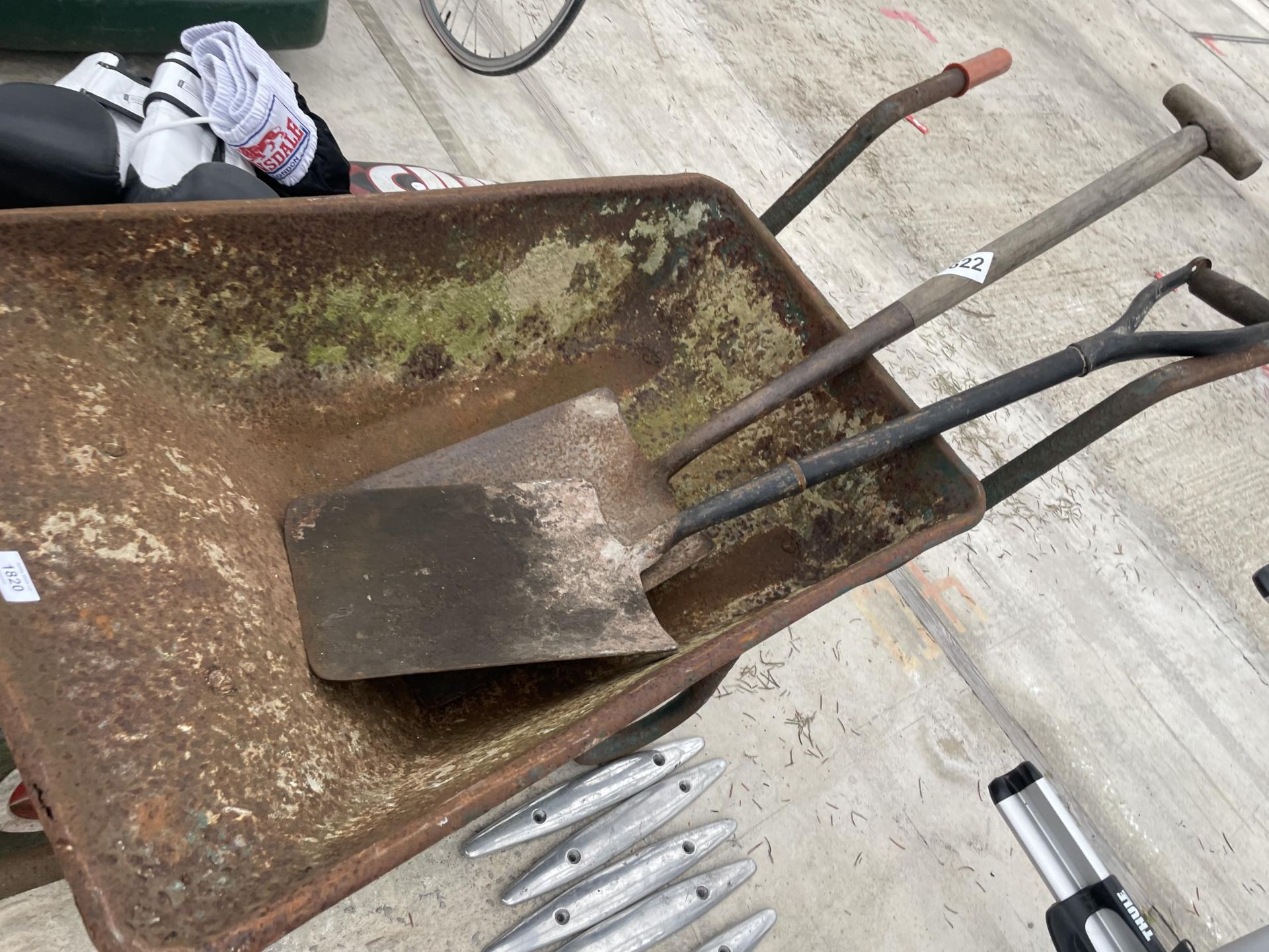 A METAL WHEEL BARROW AND TWO SHOVELS - Image 2 of 2